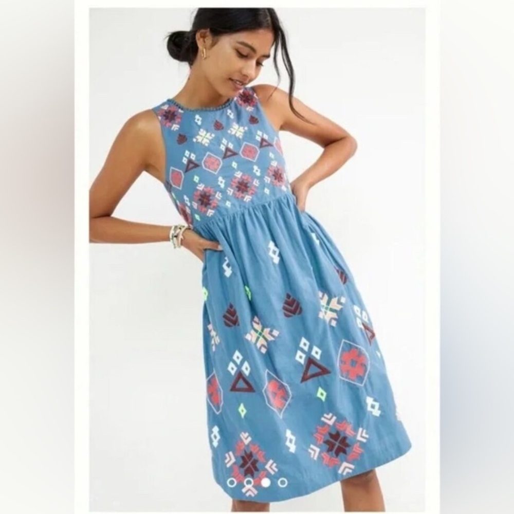Anthropologie Blue Embroidered Midi Dress with Red and White Accents